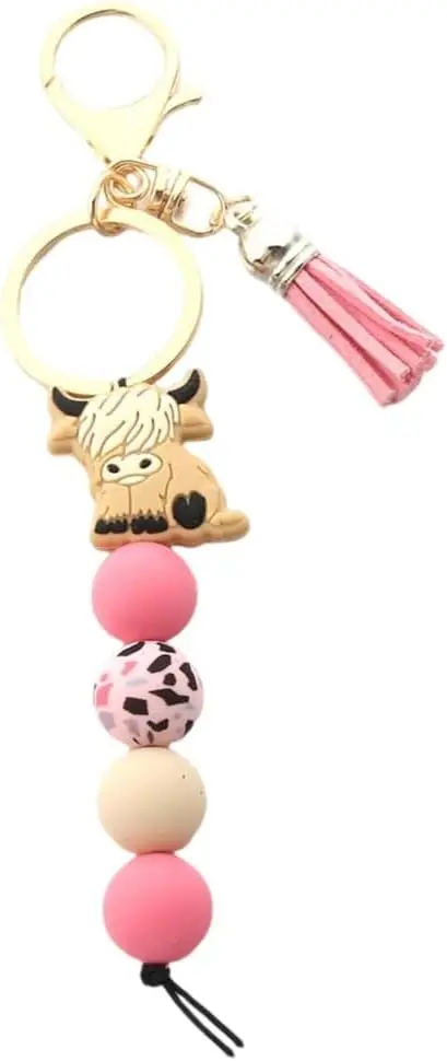 Cow Shaped Pendant Keychain Soft Silicone Beaded Keyring with Colorful Tassels Key Rings Accessories for Women Men