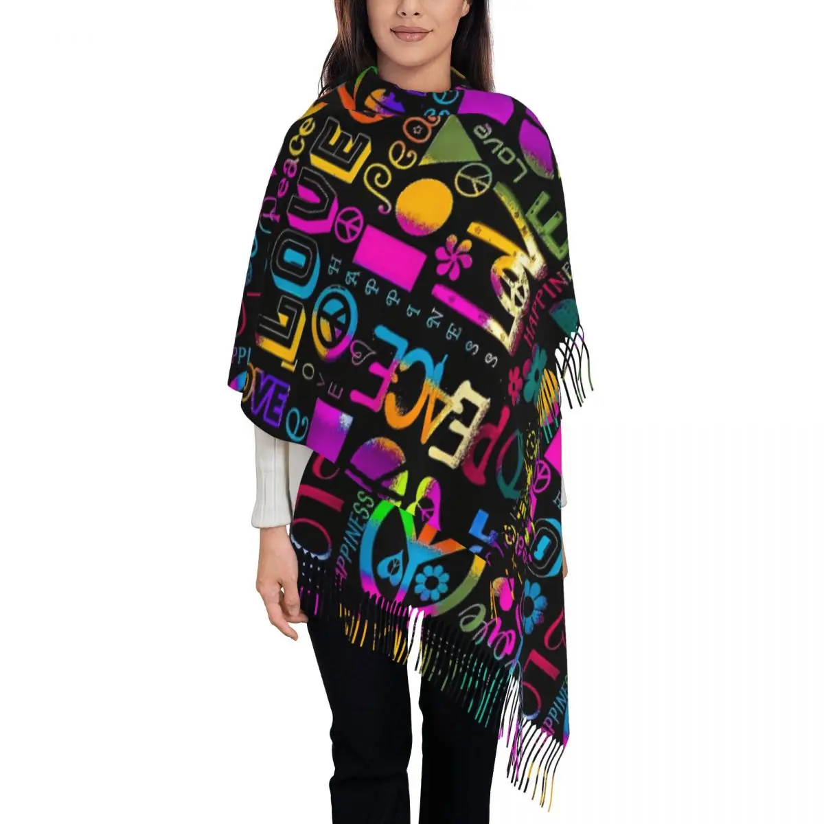 Womens Tassel Scarf Peace Foral Love Pattern Large Winter Fall Shawl Wrap Rainbow Gifts Cashmere Scarf