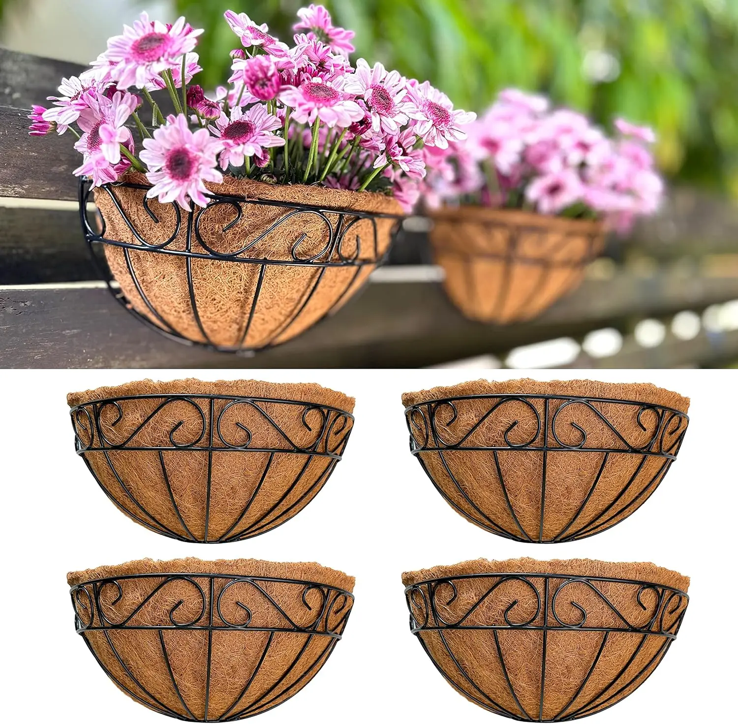 

Настенные кашпо для цветов 16 дюймов, 4 штуки, большие, для перил, с кокосовым вкладышем, для сада, патио, террасы