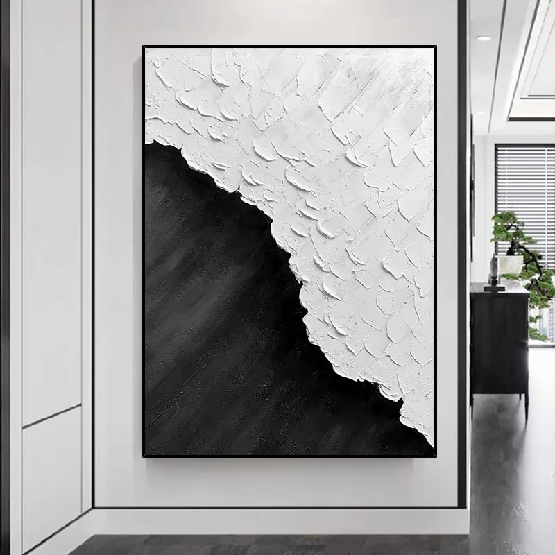 Handmade Monochrome Textured Canvas Art, Thick Layer Black White Contrast Abstract Oil Painting Modern Minimalist Hallway Decor