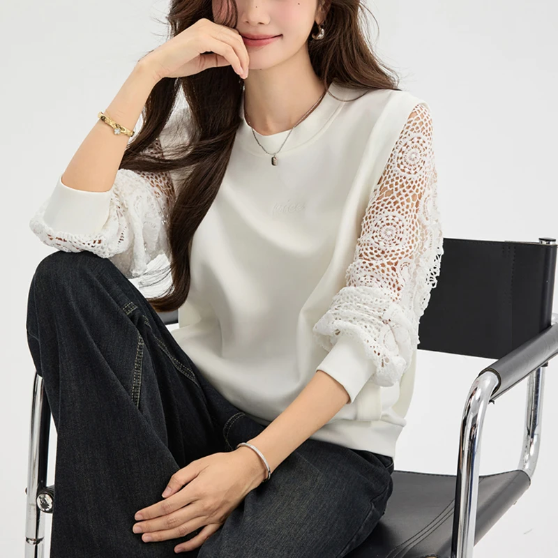 رسالة مطرزة زهرة الجوف خارج المرأة بلوزات بيضاء فضفاضة عادية س الرقبة طويلة الأكمام موضة البلوفرات الإناث 2025 جديد #1