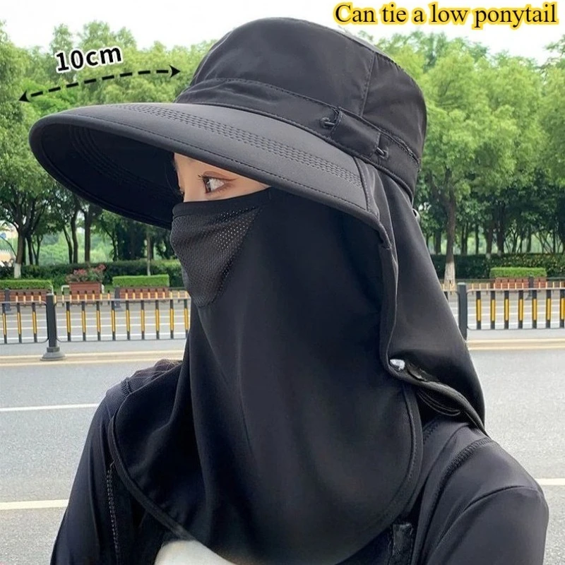

Summer Women Large Brim UV Protection Fisherman Hat with Leaking Ponytail Waterproof Bucket Hat Outdoor Breathable Sunscreen Cap