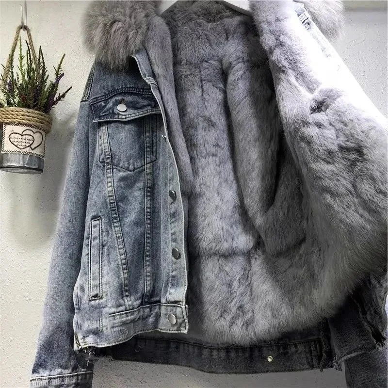 Winter Women Warm Basic Coat Big Fur Collar Denim Jacket Female Cold Motorcycle Jackets Outerwear Fleece Thick Casual Overcoat