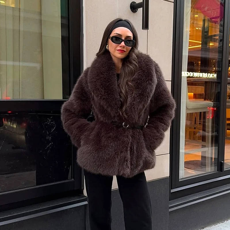 2026 New Winter Hot Brown Belted Faux Fur Coat Women Thick Warm Long Fox Fur Jacket Chic Brand Fashion Girls Furry Overcoat