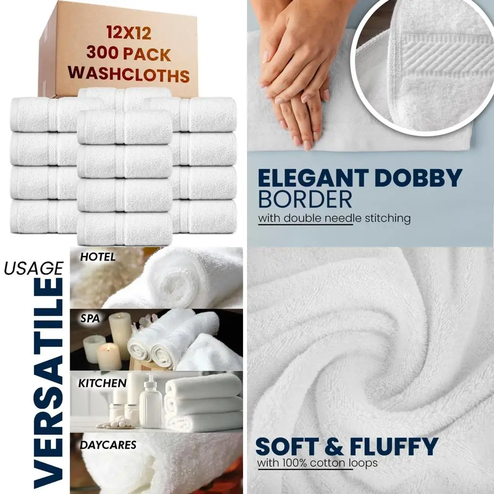 

Ultra Soft 12x12 Inch 300 Pack Premium White 100% Combed Cotton Bulk Washcloths - Highly Absorbent, Luxurious Quality for Everyd