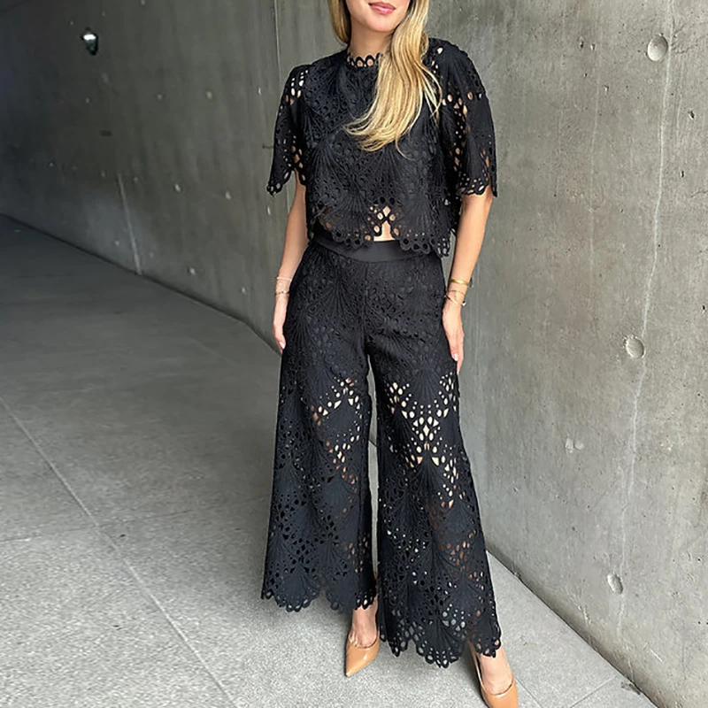 

Trendy Solid Set Summer New Lace Embroidery Ruffles Elegant Outfits Women Hollow Out O Neck Half Sleeve Tops&Wide Leg Pants Sets