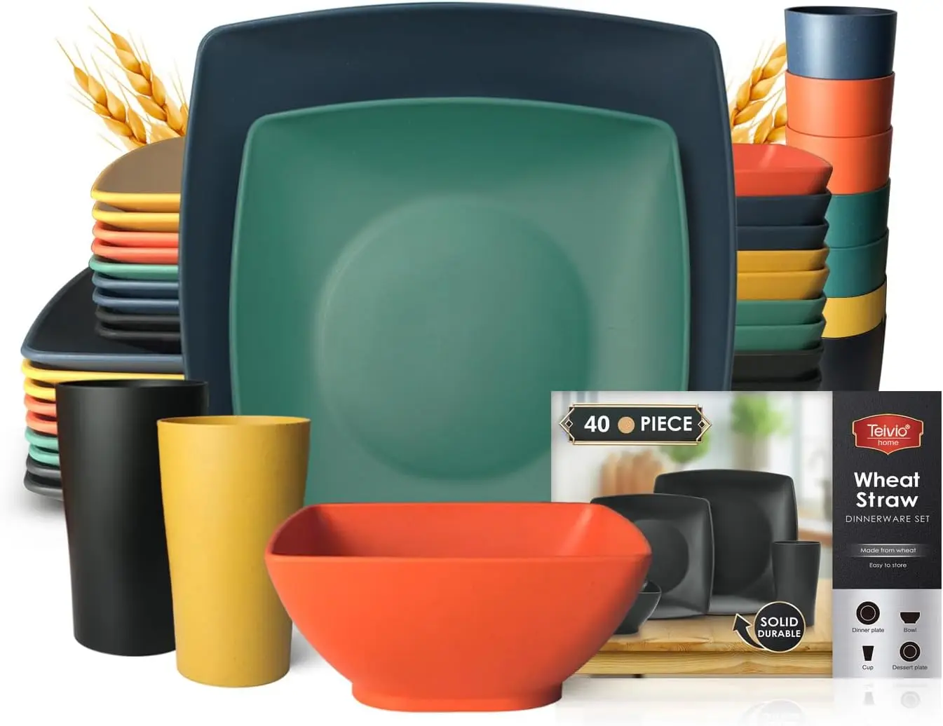

40-piece Kitchen Wheat Straw Square Dinnerware Set,Service for 10, Unbreakable Dinner Plates, Salad Plates, Snack Bowls, Cups 13