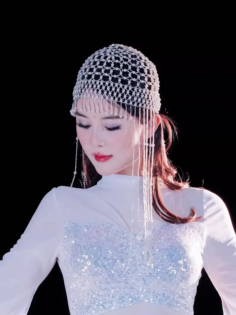 Accesorio de baile para mujer, joyería para la cabeza, gorro con cuentas, perlas tejidas a mano, adorno Retro, sombrero con dedos, tocado de novia