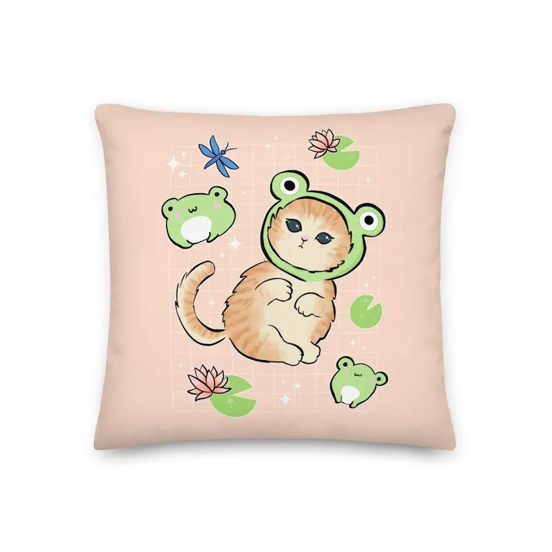 Sofa Pillow - Kawaii Froge Cat in Frog Hat 90s Retro Cottagecore - Toads Froggy Kitten Blue Butterfly Water Lily pillowcase