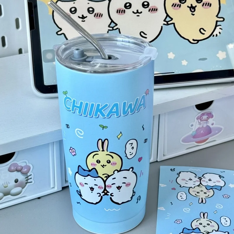 Chiikawa Straw Cup Hachiware Usagi Kawai Anime Cartoon Blue Water bottle 304 Stainless Steel Practical Cute Gift Coffee Milk Cup