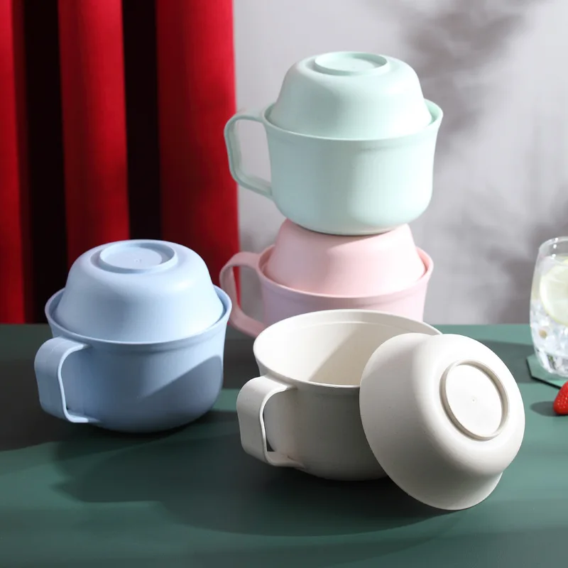 Cuencos para fideos instantáneos con tapas, dormitorios de plástico anticaída, juego de vajilla de paja de trigo para estudiantes, juego para una sola persona, 5/6/7 Uds.