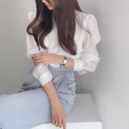 

2025 Autumn New Women's Fashion Casual Round Neck Mesh Slightly Transparent Single Button Hollow Long Sleeve Shirt Women's Wear