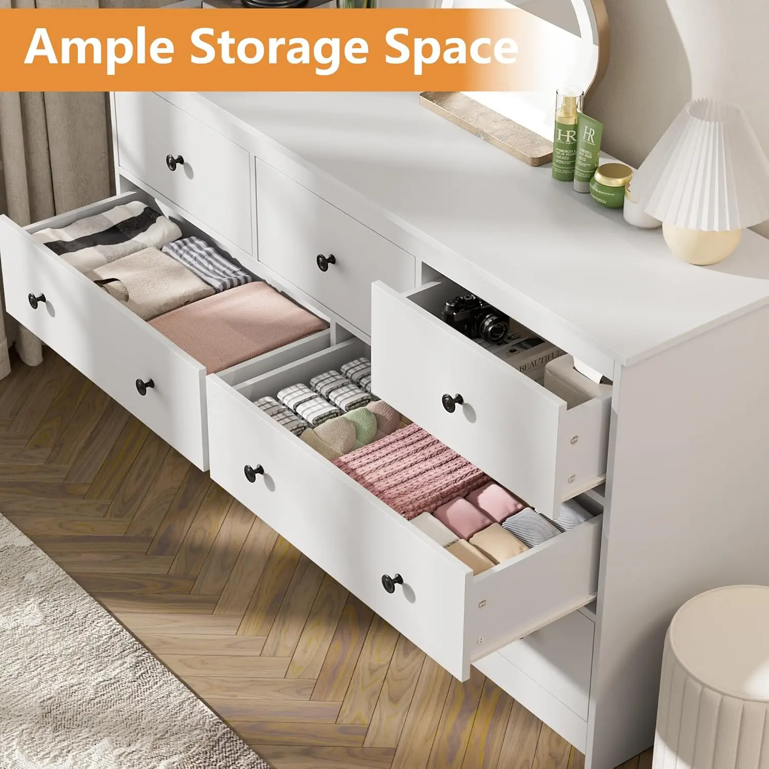 Para quarto, cômoda grande de madeira com 7 gavetas profundas e alças pretas, cômodas e cômodas de armazenamento largas e cômodas para entrada,