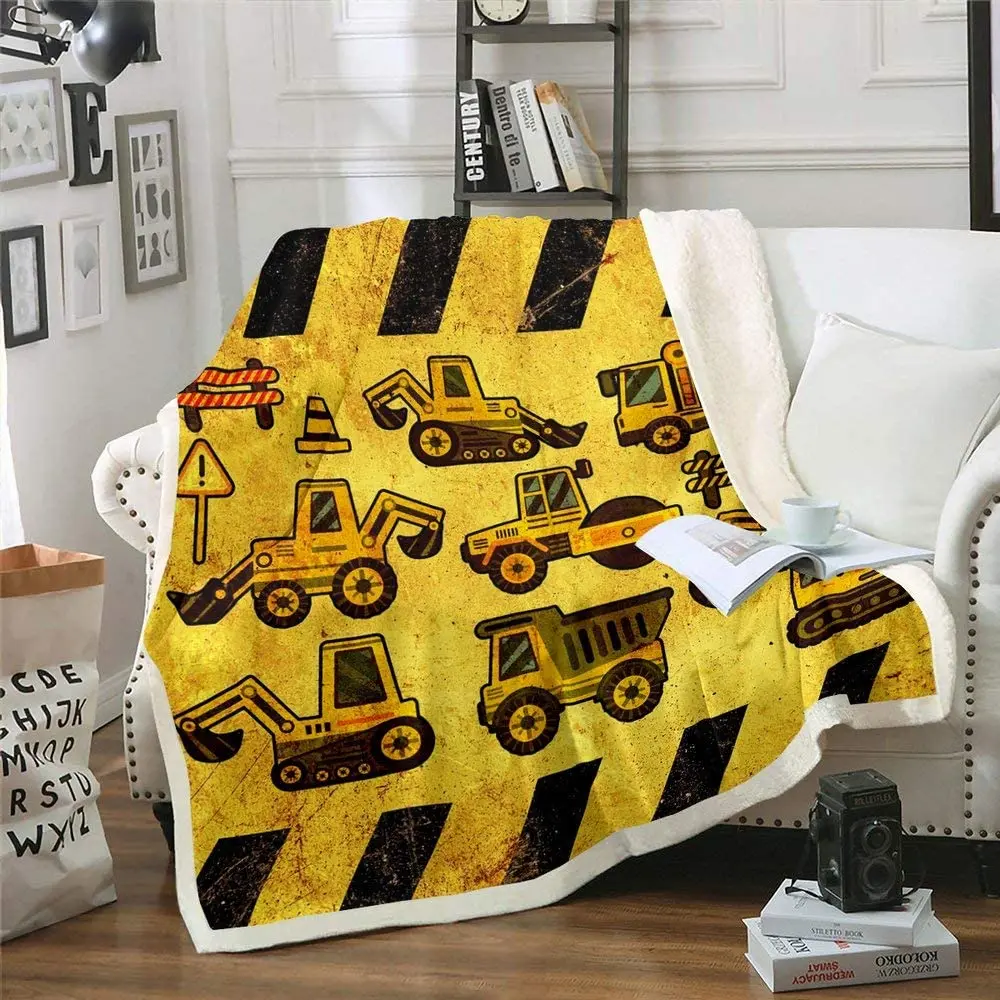 

Excavators Flannel Blanket Equipment Trucks Sherpa Blanket Construction Tractor Throw Blanket, Yellow Vehicle Fuzzy Blanket