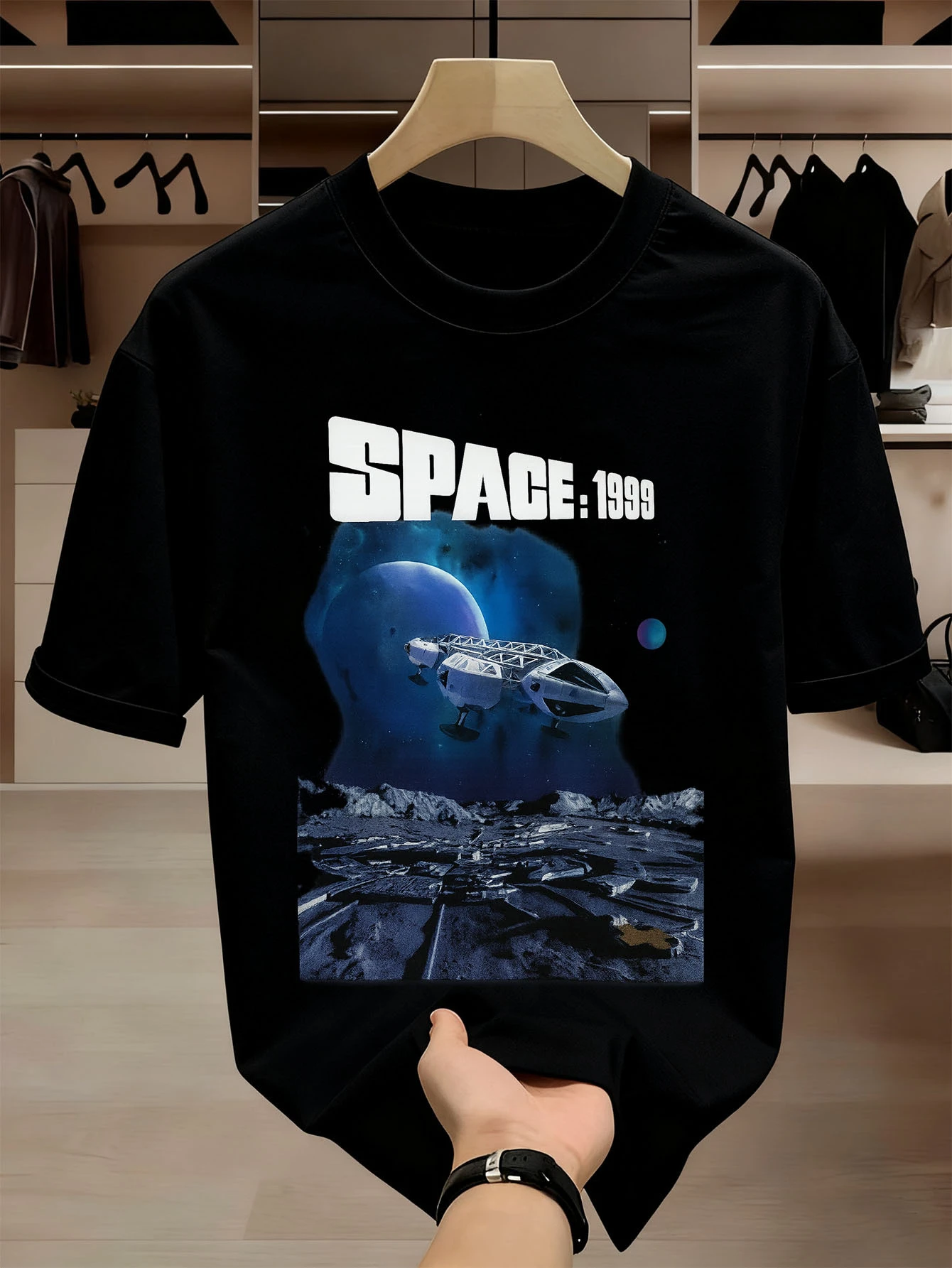 Men's Retro 1969 Sci Fi Pattern T-shirt | Space 1999 Spaceship and Planet Printed T-shirt From The 1960s and 1970s T-shirt