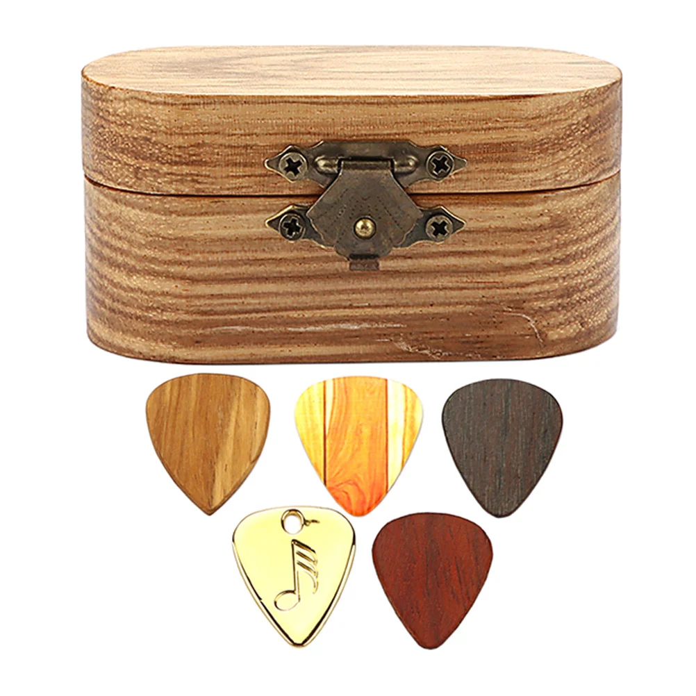 

1Set Guitar Pick Holder Wood Case for Acoustic Electric Bass Guitars with 5 Picks Organizer Box Walnut Pick Storage Container