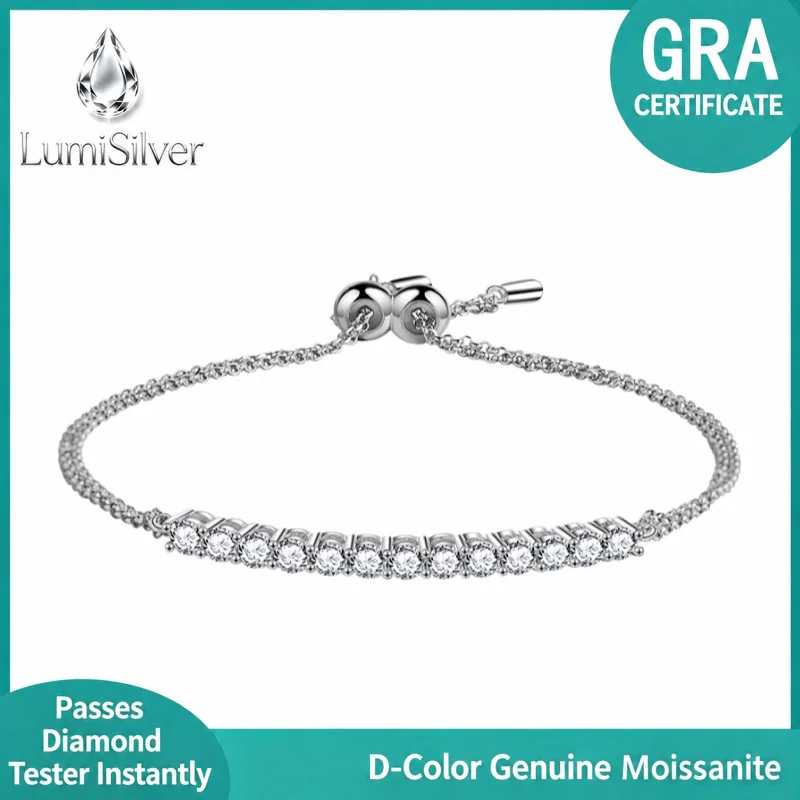 Moissanite Tennis Bolo Bracelet 925 Sterling Silver Adjustable Slider Dainty Stackable Gift for Women
