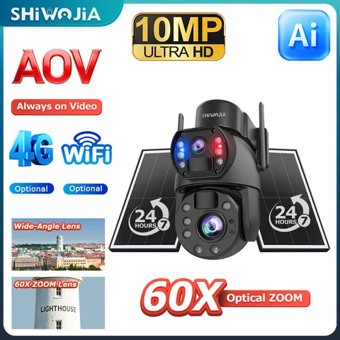 Câmera de Segurança Solar 4G SHIWOJIA para Exterior com Zoom de 60X, Tela Dupla, 10MP, WiFi, Detecção PIR, Câmera com Rastreamento Automático AI UBOX