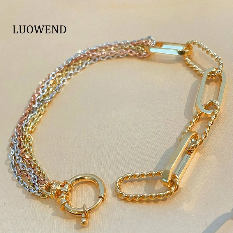 LUOWEND 100% 18K White+Yellow+Rose Gold Bracelet Vintage INS Style AB Design Engagement Bracelet for Women High Party Jewelry