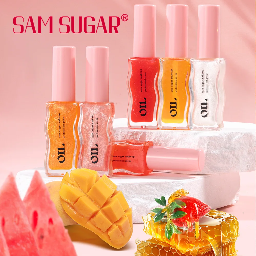 SAM SUGAR 6 colores fruta miel perla aceite de labios esencial reduce las líneas de los labios hidratación de larga duración cuidado de los labios esmalte de labios transparente