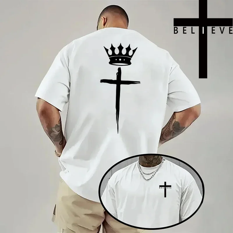 Herren-T-Shirt mit christlichem Jesus-Kreuz-Design, hochwertige Baumwolle, kurzärmelig, Frühling/Sommer, lässiges Mode-Oberteil, einfarbig. – Detail 12