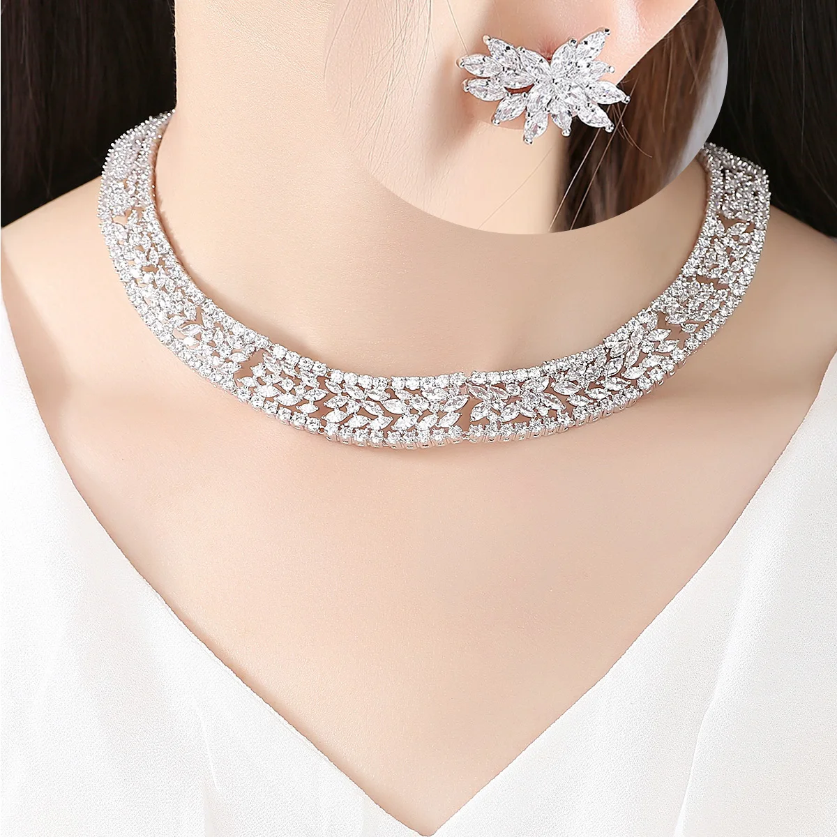 LUOTEEMI New Luxurious Micro Paved Crystal Cubic Zirconia Flower Earrings Necklace Sets Gorgeous Bridal Wedding Jewelry Sets