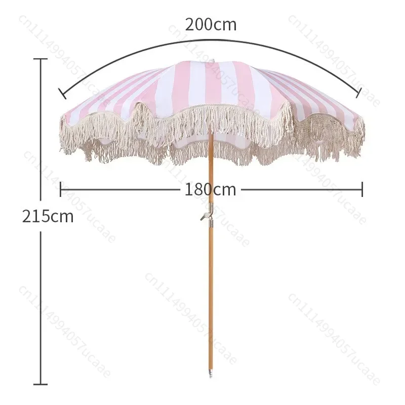 2026 Beach Umbrella with Fringe UPF 50+ Wood Pole Foldable Umbrella for Holiday Garden Lawn Pool Yard Table