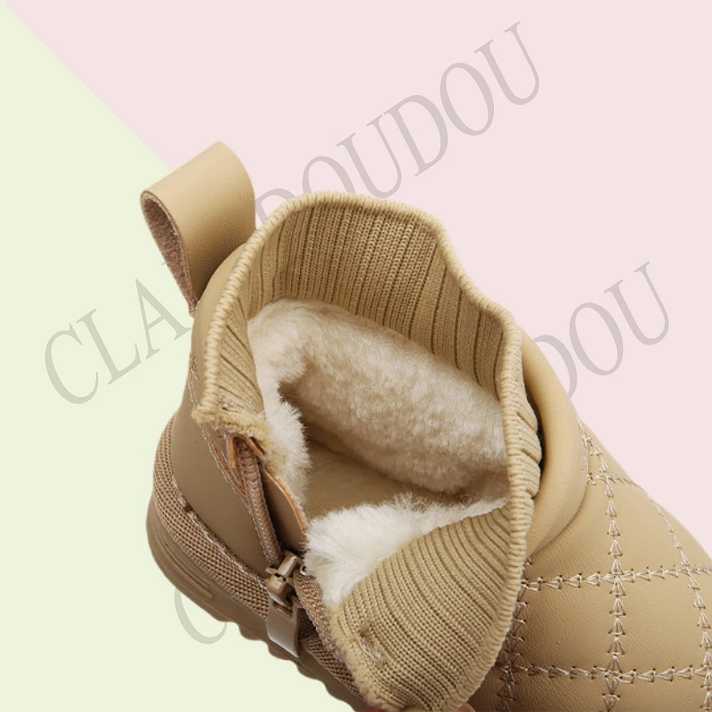 Claladoudou New Leather Snow Boots For Kids Girls Boys Solid Sewing Winter Zip Ankle Boots For 0-6years Children Woman Shoes