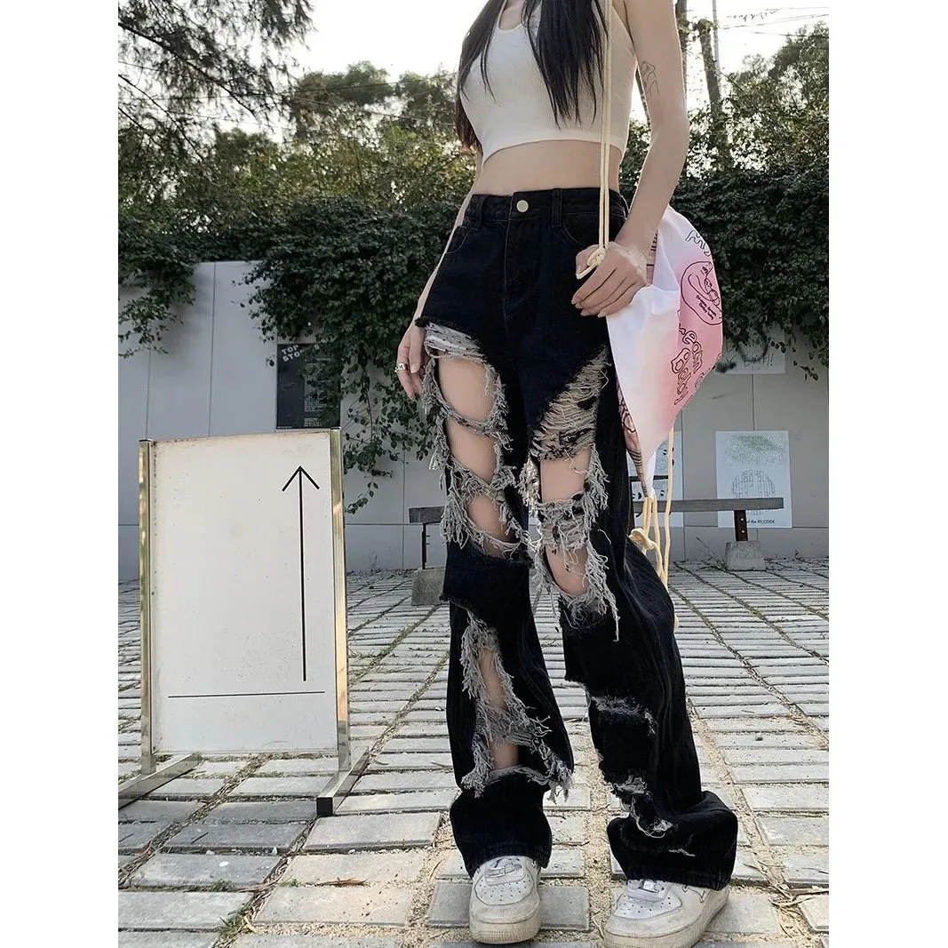 

Y2K Waed Mop Pants Broken Hole AllMatch Jeans Straight Leg CleanFit PVC Material ex Winter Faion Casual Trousers