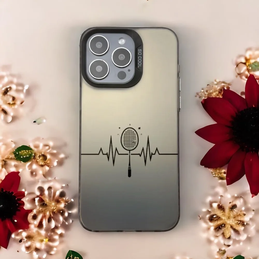 バドミントンをテーマにしたiPhone 17、16、15、14、13、12、11 Pro/Max/Plus対応のスマホケース。落下防止、耐衝撃の背面カバー。