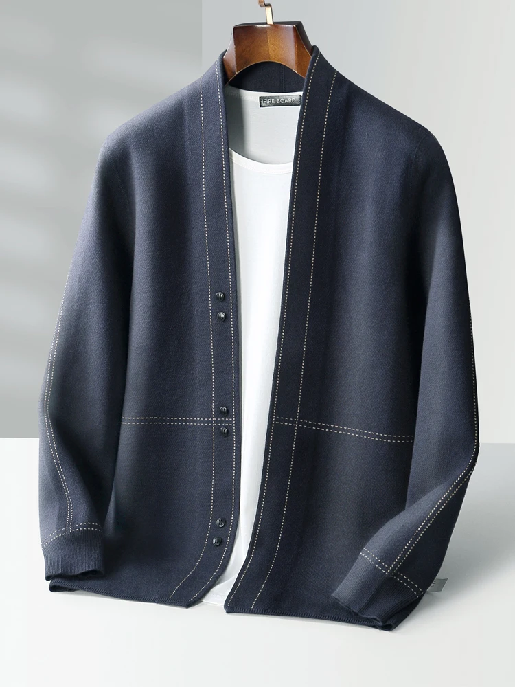 

Men's 100% Merino Wool Cardigan Suit Collar High Quality Knitted Sweater Thick Cashmere Autumn Winter Smart Casual Clothing