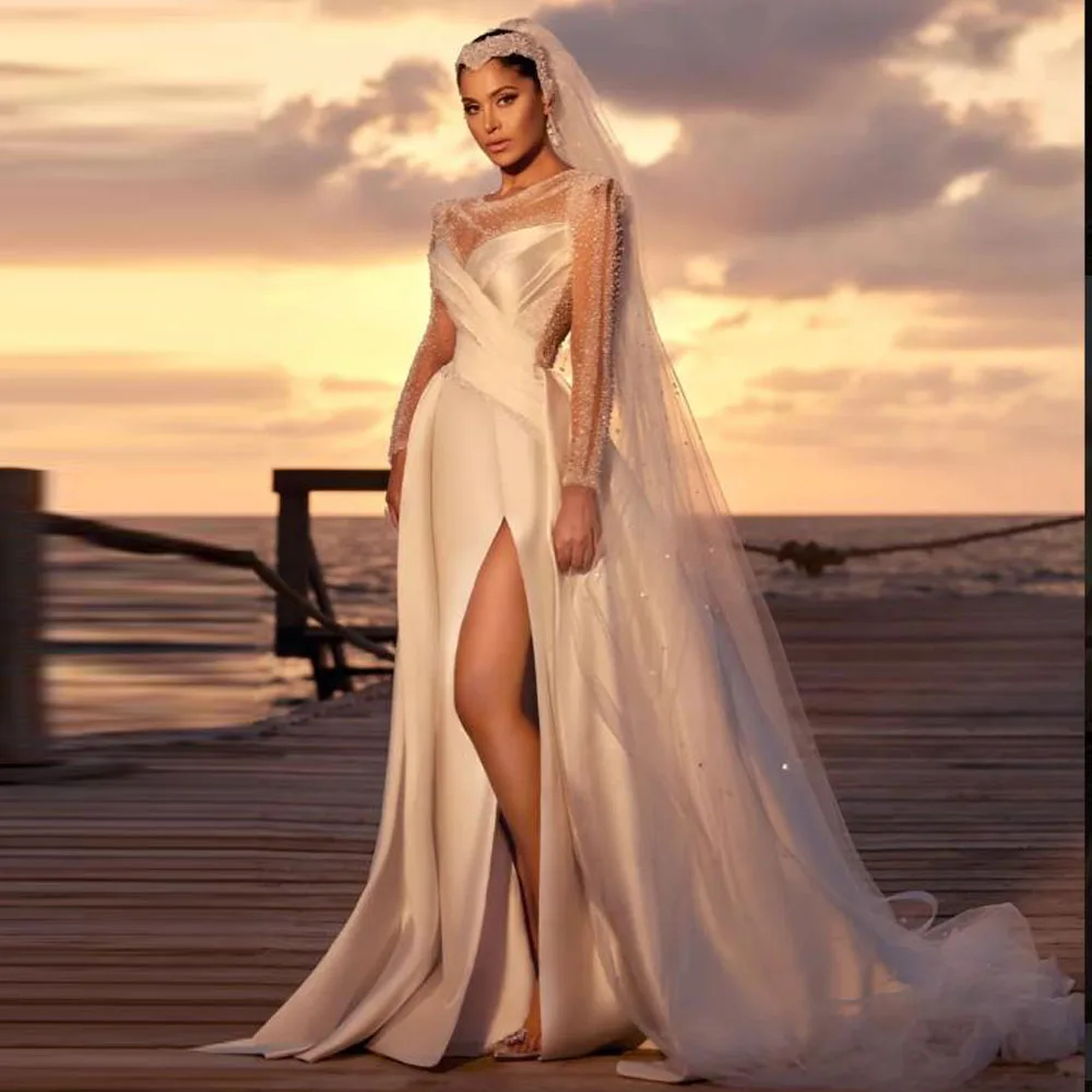 Атласные свадебные платья русалки по индивидуальному заказу с разрезом, иллюзией и бисером, свадебные платья 2023, с круглым вырезом и длинными рукавами, Vestidos De Novia