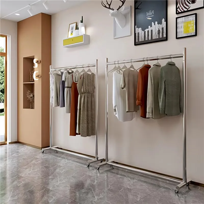 

Movable Home Coat Racks Nordic Stainless Steel Rack Clothing Store Display Rack Hanging Clothes Rack Brushed Silver with Wheels