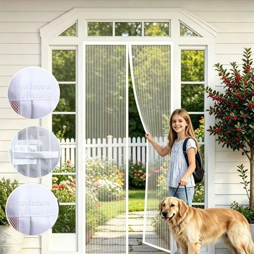 Self Sealing Magnetic Screen Door Heavy Duty Striped Soft Net Mosquito Net Curtain Breathable Vertical Dense Insect Door Screen