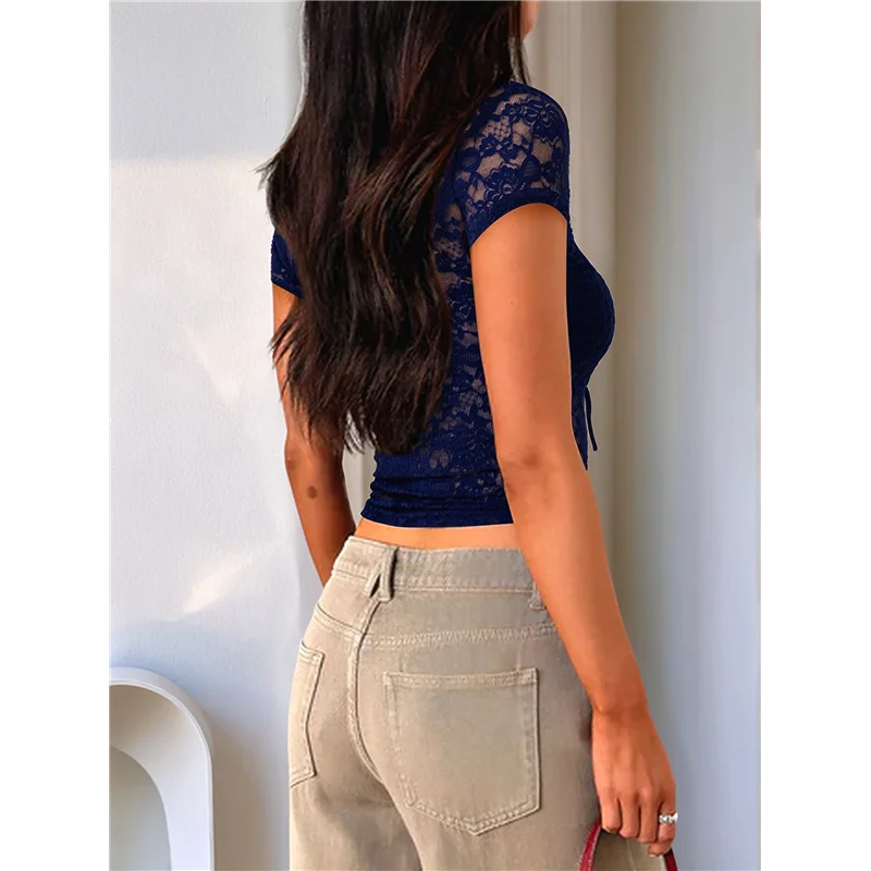 ABRT-Women's Lace Long Sleeve Shirt Low Cut Y2K Slim Fit Top Going Out Club Concert Clothes - Image 5