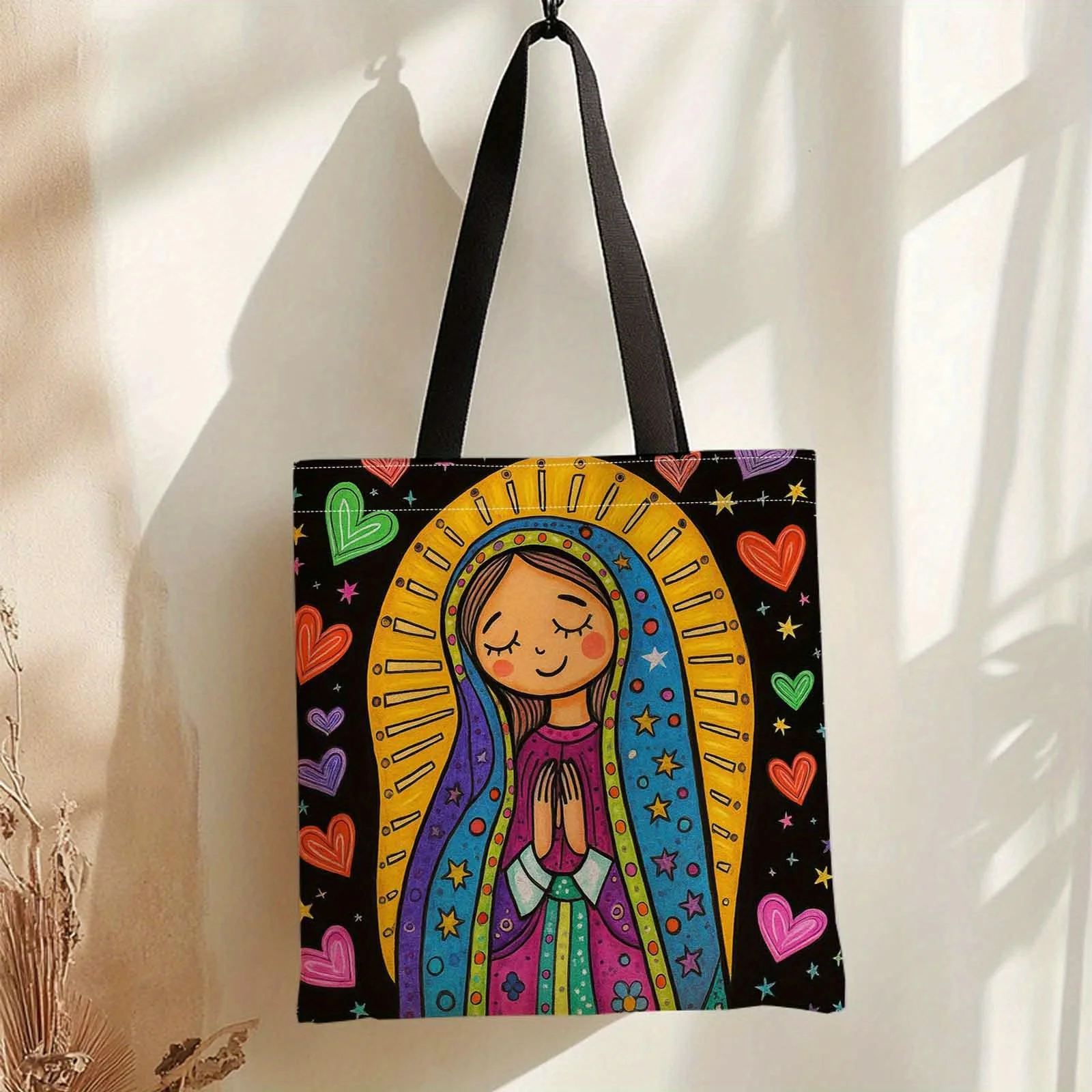 1pc Large Capacity Tote Bag Our Lady of Guadalupe Religious Design with Hearts Stars Heavy-Duty Spanish Catholic Bag