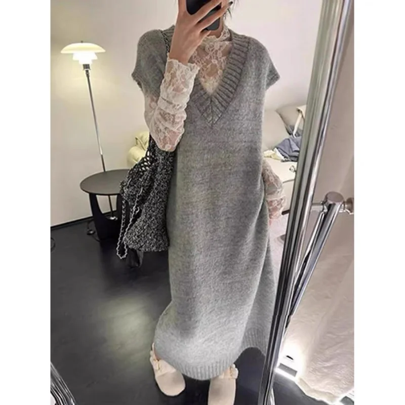 

Sleeveless Knitted Dress Women Early Autumn And Winter New Korean Style Simple High-End Long Sweater Dress