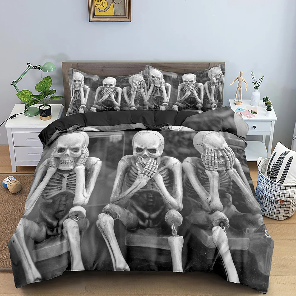 

3D Skull Duvet Cover 220x240 Skeleton Bedding Set Luxury Quilt Cover With Zipper Closure 3pcs Queen Size Comforter Sets