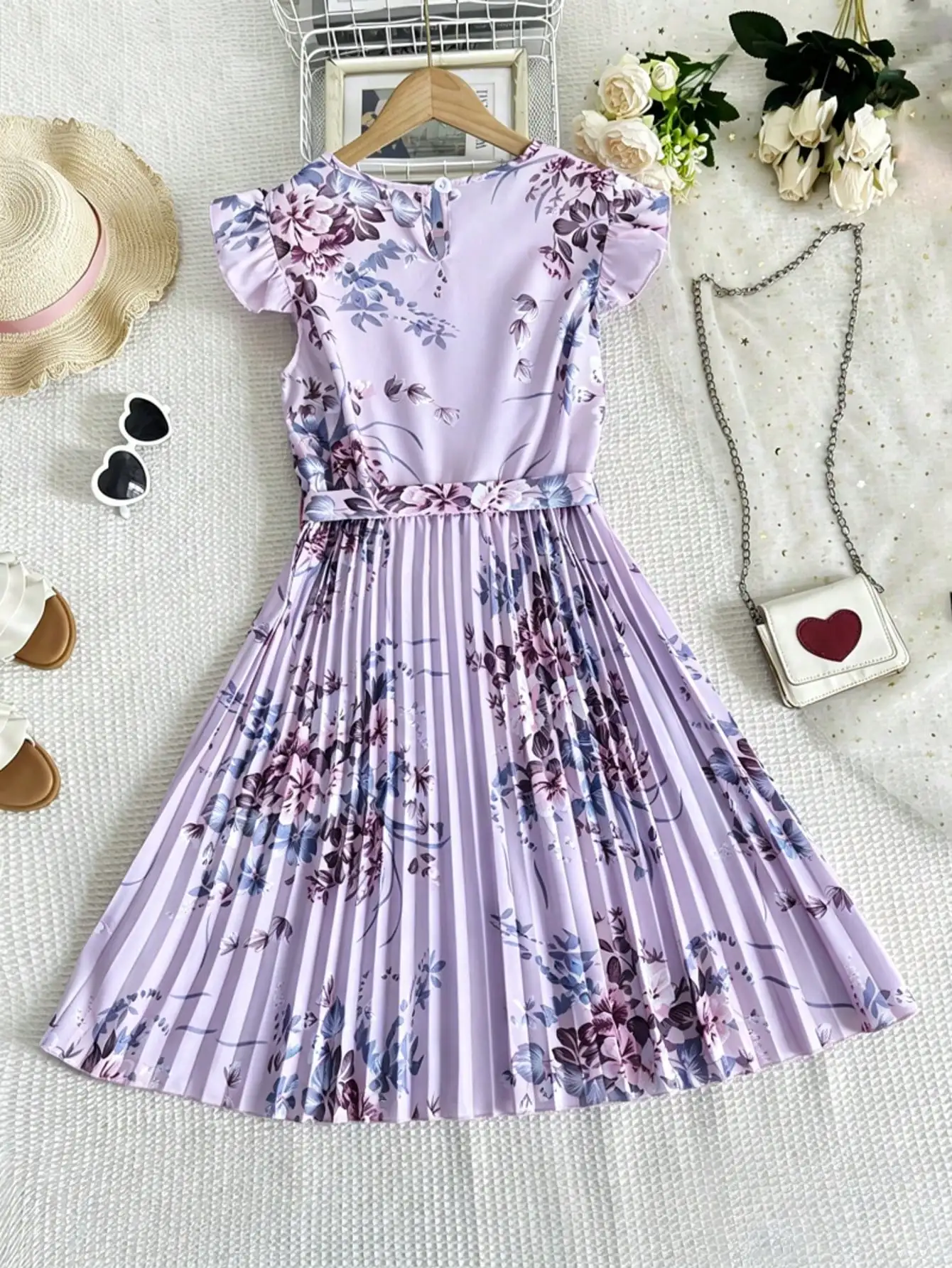 Mädchen-Plisseerockkleid mit Rüschenärmeln, Taillengürtel, Blumenmuster, knielanges Herbstkleid für Kinder – Detail 4