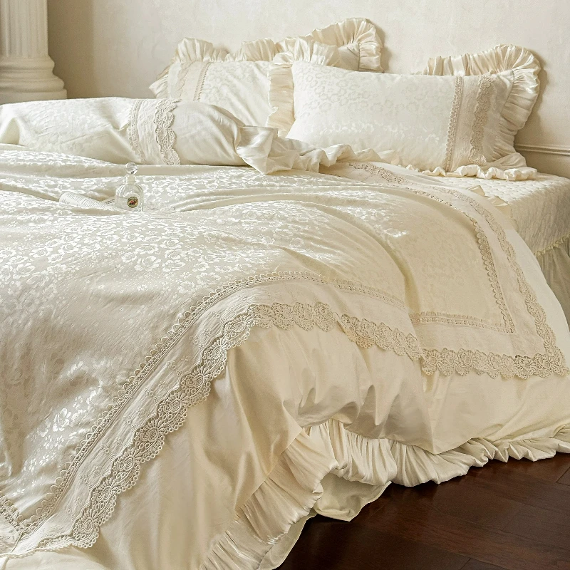 Romantic All Cotton Jacquard Long Staple Cotton 4-piece Set with Lace Edges Pure Cotton Bed Sheets High-end Bedding for Bedrooms