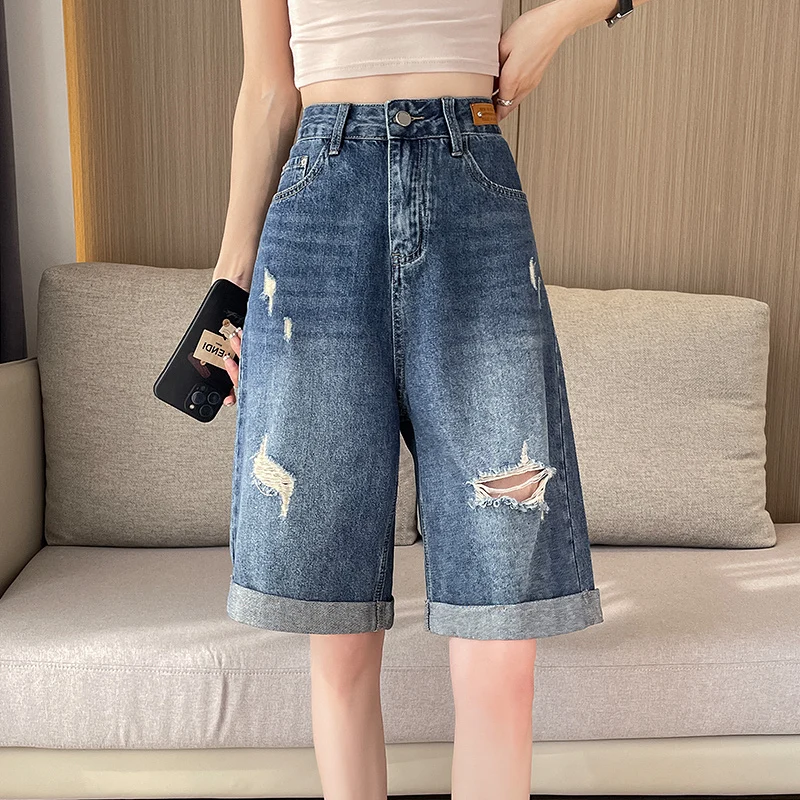 

Summer Thin Straight Leg Jeans Women's High Waist Cotton Polyester Blend Comfortable Loose Fit 7/6 Length orts with Frayed Hem