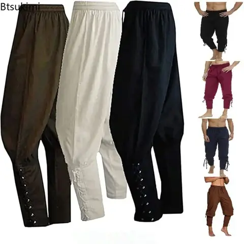 New 2026 Men's Medieval Renaissance Lounge Pirate Horseman Costume Loose Pants Viking Black Brown Navigator Leg Bandage Trouser