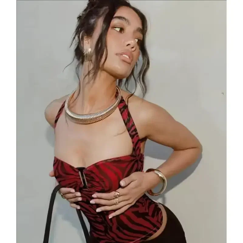 Movie Obsession Nikki Punk Street Style Cosplay Outfit Zebra Halter Top And Faux Leather Cargo Shorts Complete Suit view 2