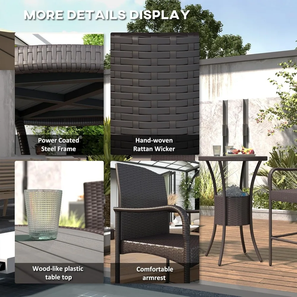 3 Pieces Rattan Wicker Bar Set with Ice Buckets, Patio Furniture with 1 Bar Table and 2 Bar Stools for Poolside, Backyard,