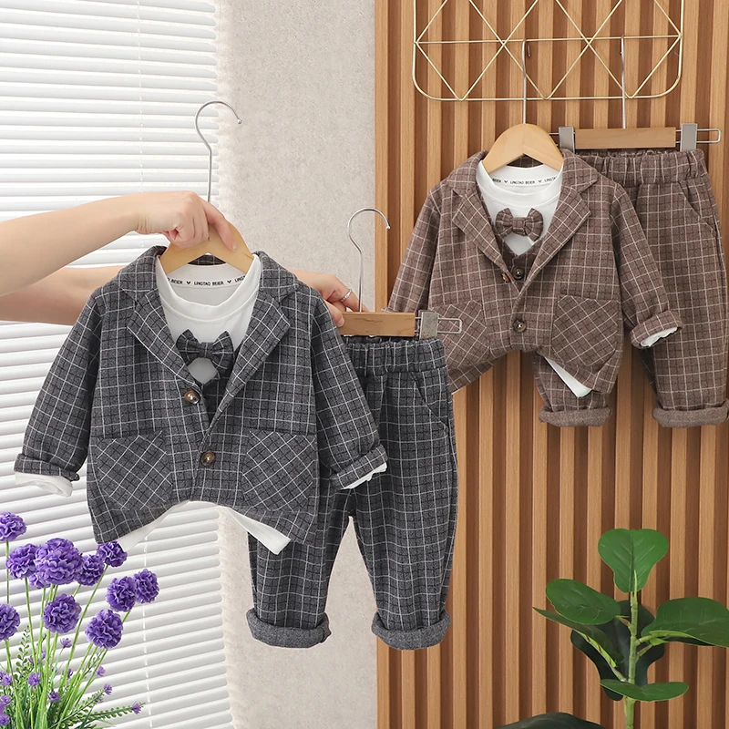 Children Clothing Spring Autumn Baby Boys Wear Infant Lapel Plaid T-Shirt Pants 3pcs/sets Toddler Casual Suit 0-5 Years