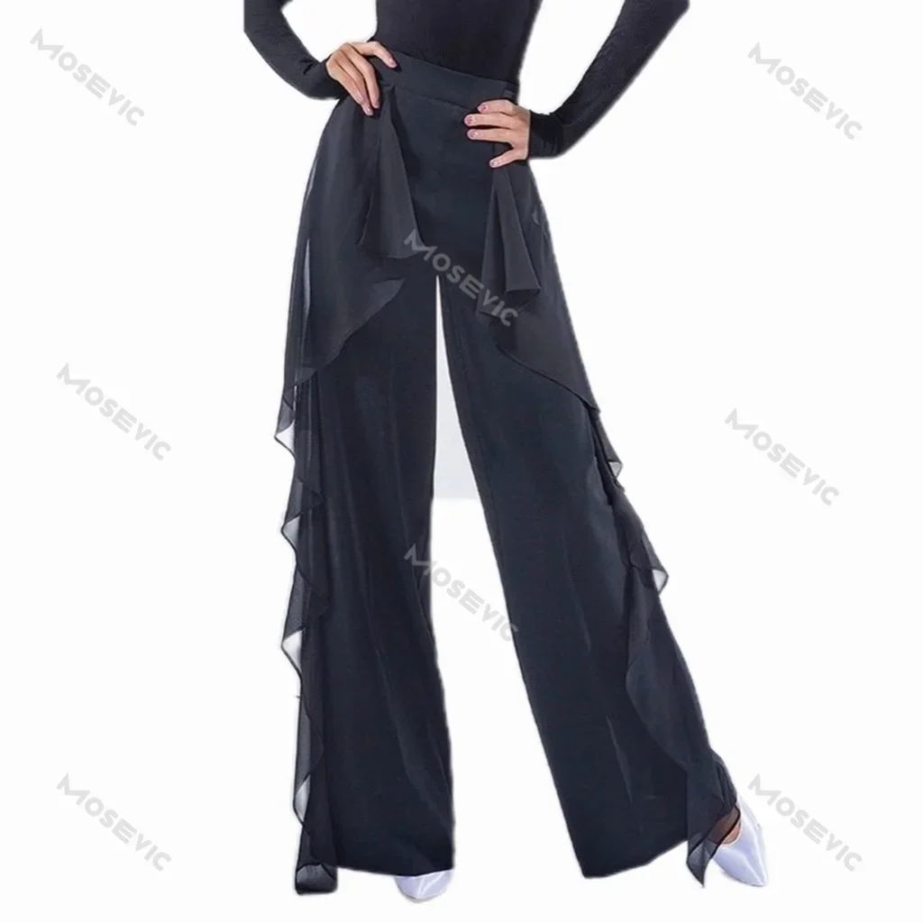 Latin Dance neue moderne Tanz Hose mit weitem Bein Frauen weibliche Ballsaal hohe Taille Rüschen Tanzhose