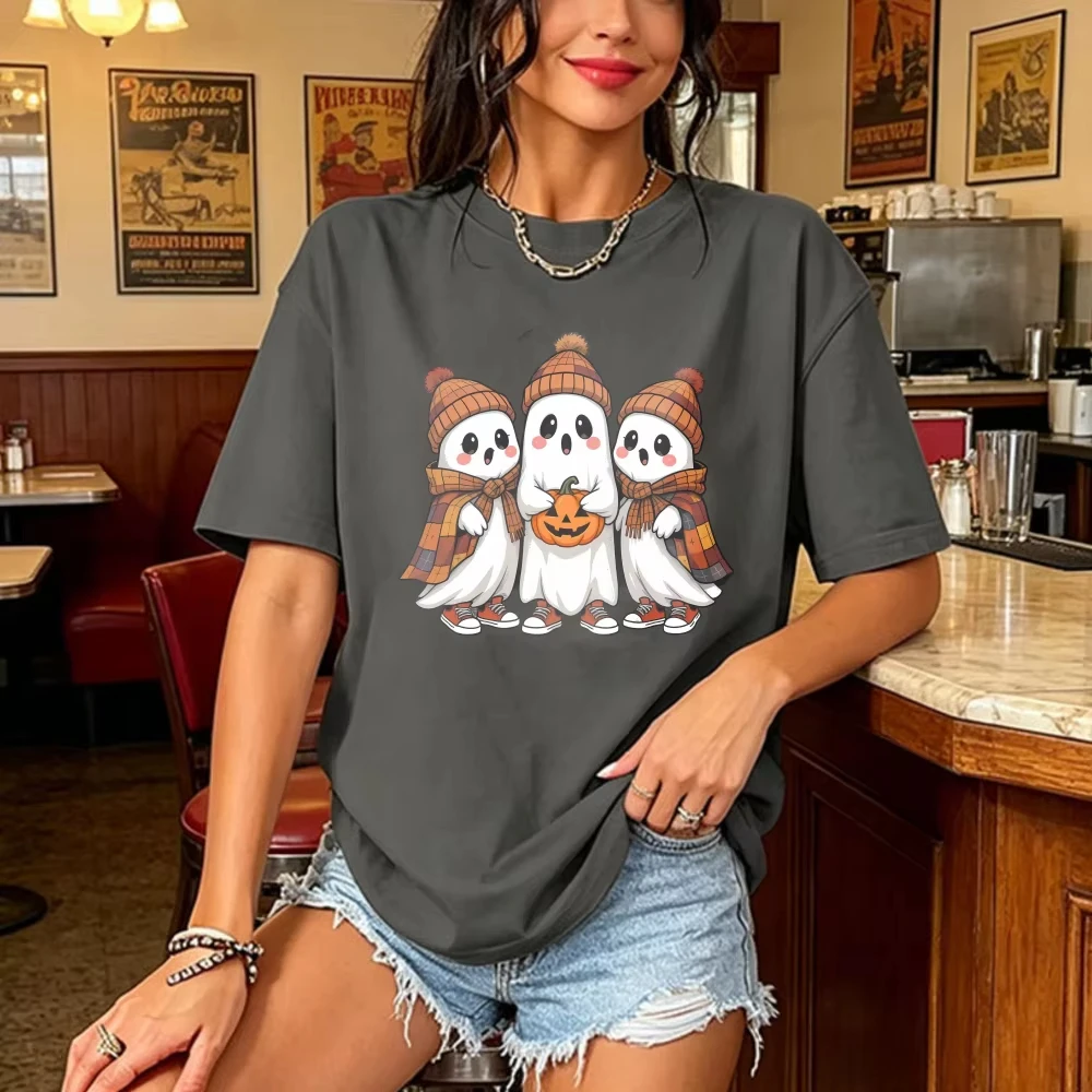 Fun Cozy Fall Trio Ghost Unisex Cotton Tops Plaid Scarf Beanie Ghost Streetwear Warm Autumn Holiday Vibe Halloween Casual Tops