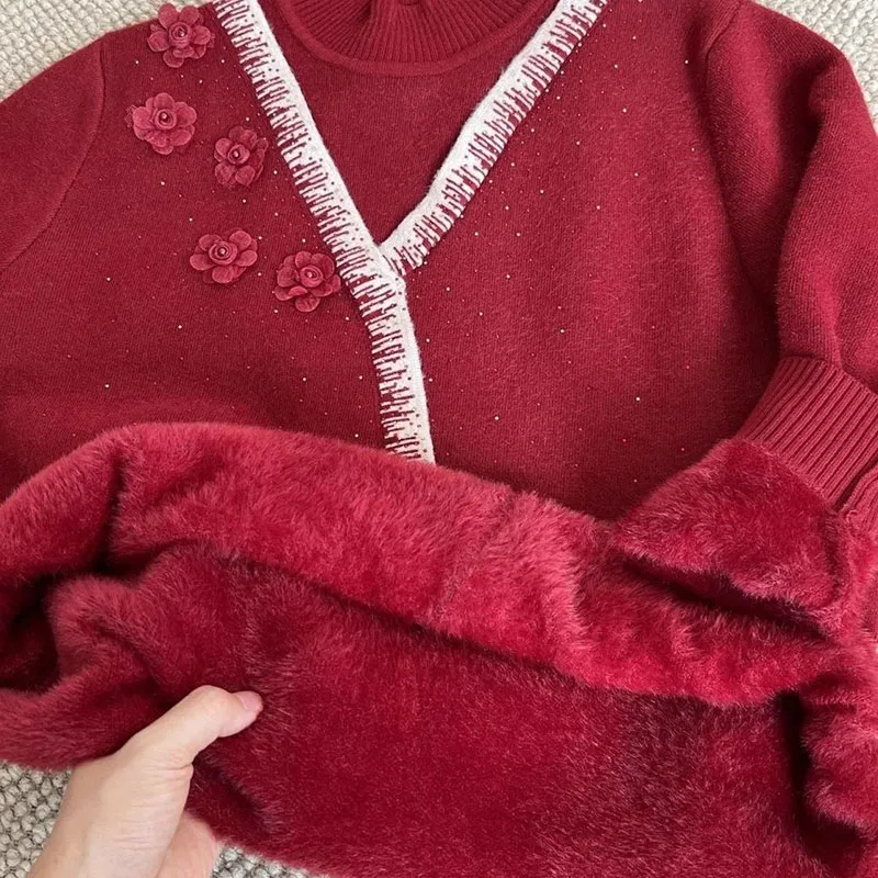 Herfst Winter Dames Nieuwe Nep Tweedelige Gebreide Trui Dieptepunt Shirt Vrouwen Plus Fluwelen Gewatteerde Warme Jas Ronde Hals trui