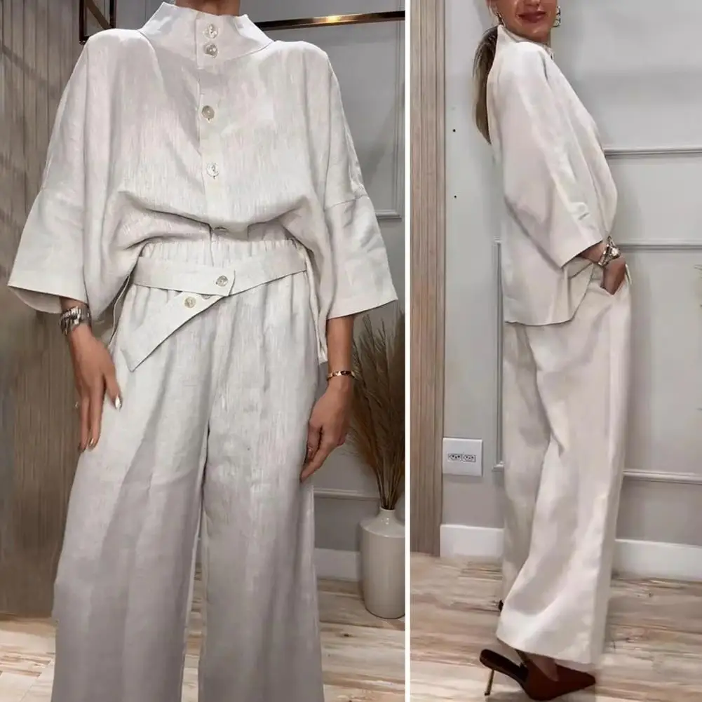 

High-waisted Wide-leg Trousers Elegant Women's Shirt Pants Set with Stand Collar Three Quarter Sleeves Wide Leg for Daily