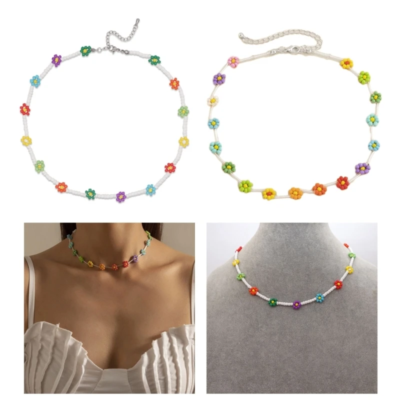 M2EA Resin Beaded Choker Necklace Summer Sweet Beaded Necklace Flower Charm Choker Hand-making Neck Jewelry Resin Material